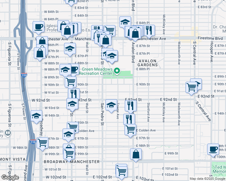 map of restaurants, bars, coffee shops, grocery stores, and more near 357 East 91st Street in Los Angeles