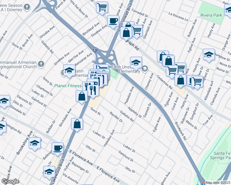 map of restaurants, bars, coffee shops, grocery stores, and more near 9205 Clancey Avenue in Downey