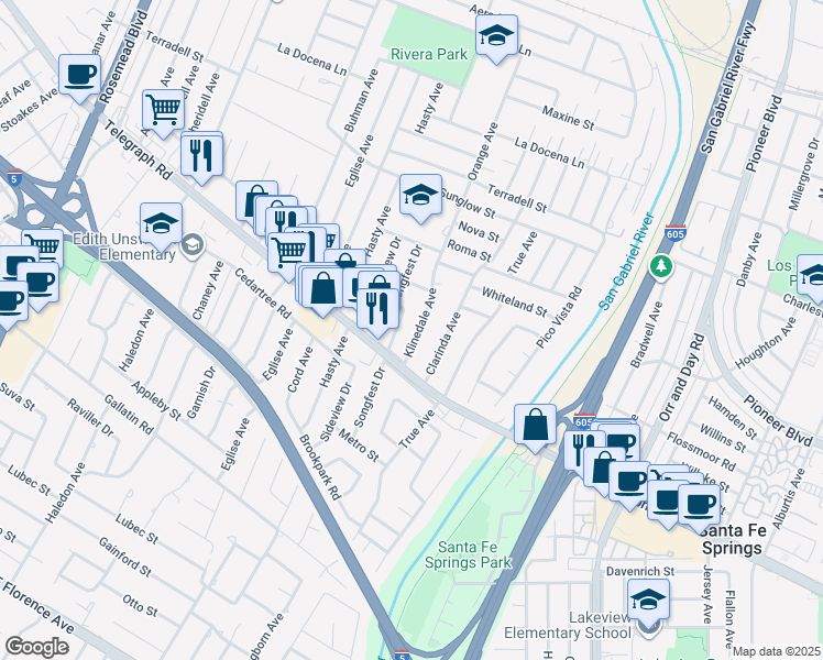 map of restaurants, bars, coffee shops, grocery stores, and more near 8903 Klinedale Avenue in Pico Rivera