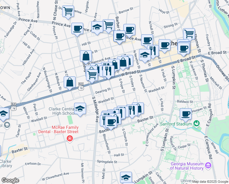 map of restaurants, bars, coffee shops, grocery stores, and more near 215 South Church Street in Athens