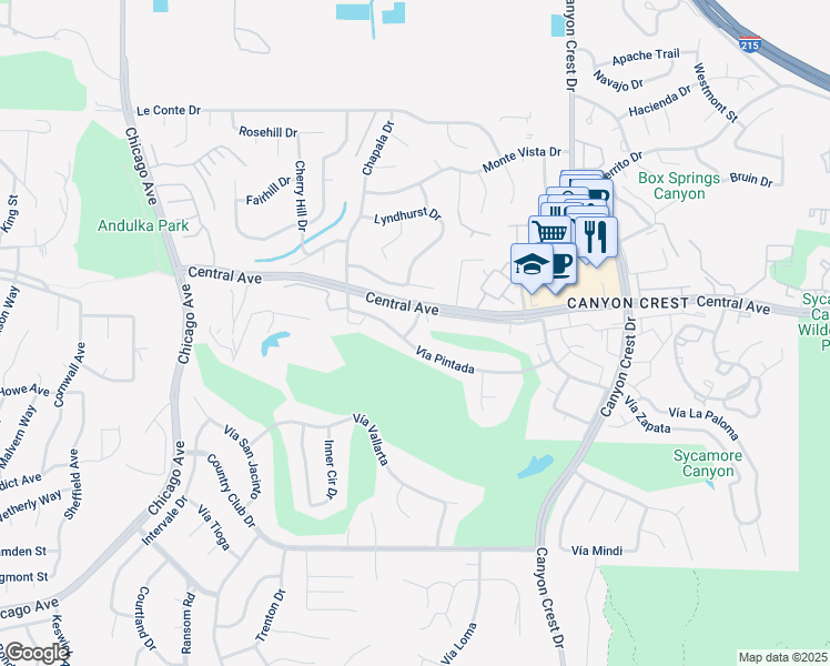 map of restaurants, bars, coffee shops, grocery stores, and more near 5285 Vía Viejo in Riverside