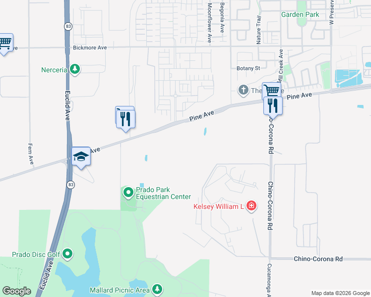 map of restaurants, bars, coffee shops, grocery stores, and more near in Chino