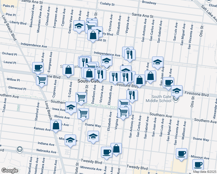 map of restaurants, bars, coffee shops, grocery stores, and more near 8915 Elizabeth Avenue in South Gate