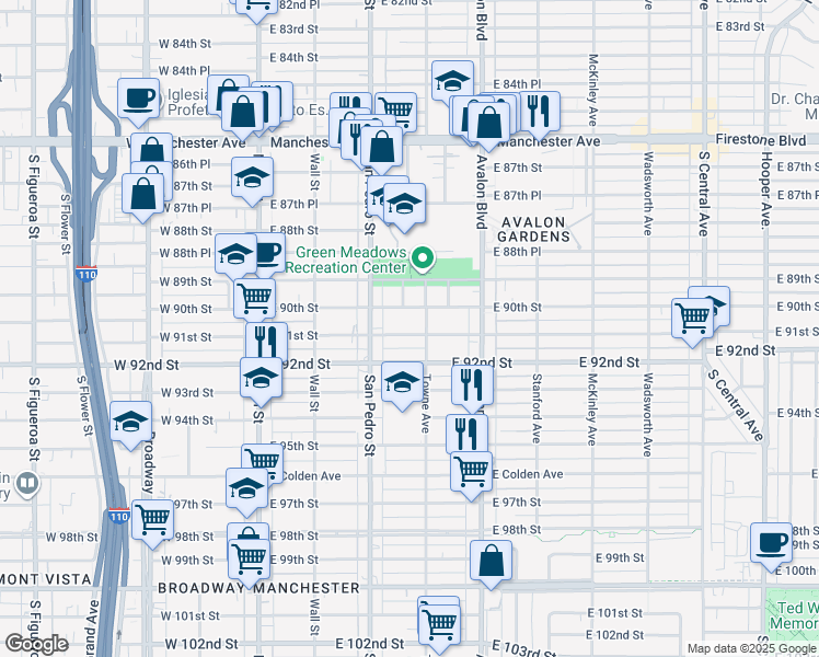 map of restaurants, bars, coffee shops, grocery stores, and more near 357 East 91st Street in Los Angeles