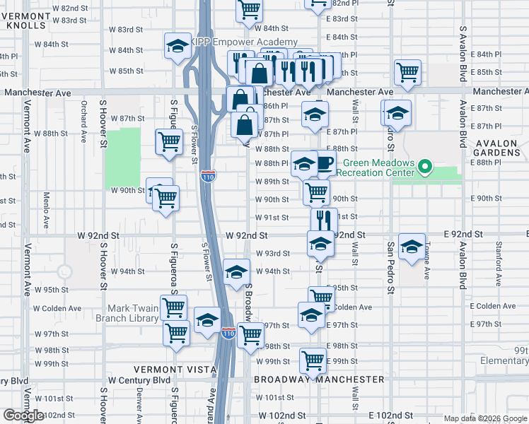 map of restaurants, bars, coffee shops, grocery stores, and more near 215 West 91st Street in Los Angeles