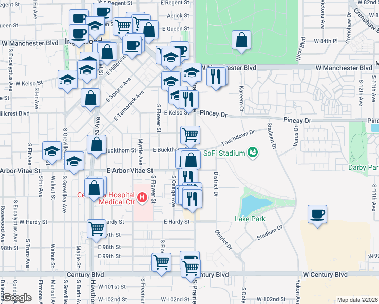 map of restaurants, bars, coffee shops, grocery stores, and more near 803 South Prairie Avenue in Inglewood