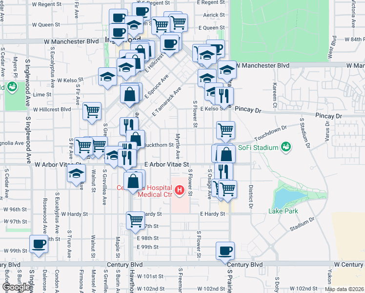map of restaurants, bars, coffee shops, grocery stores, and more near 400 East Buckthorn Street in Inglewood