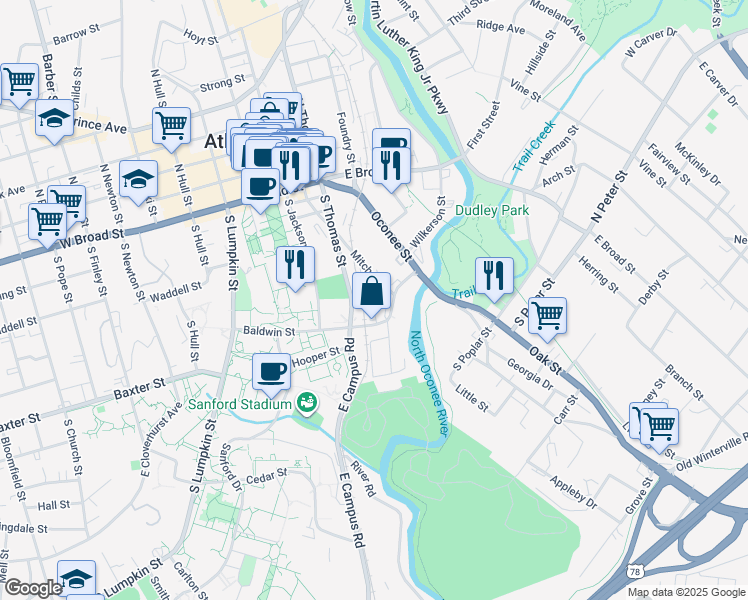 map of restaurants, bars, coffee shops, grocery stores, and more near 220 Williams Street in Athens