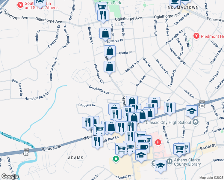 map of restaurants, bars, coffee shops, grocery stores, and more near 100 Brookside Avenue in Athens