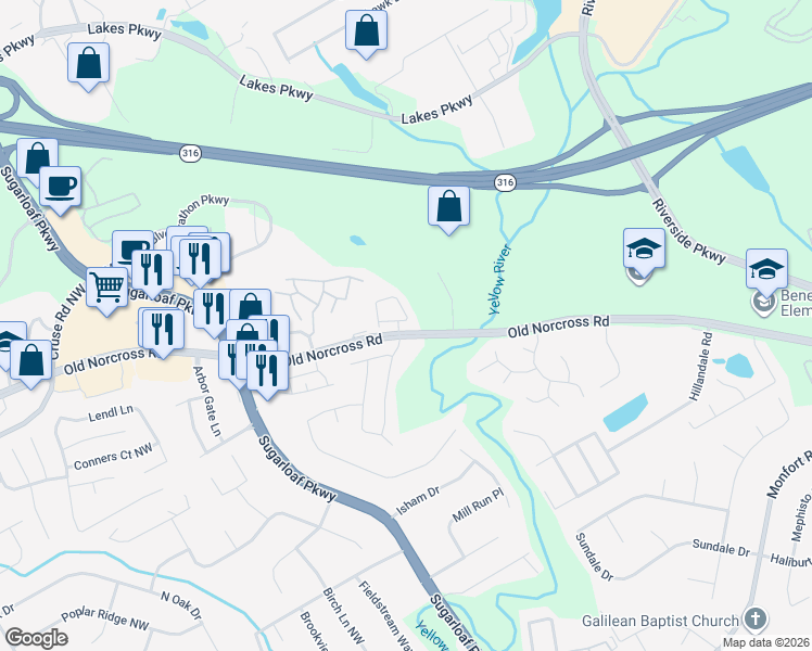 map of restaurants, bars, coffee shops, grocery stores, and more near 1504 Park Grove Drive in Lawrenceville