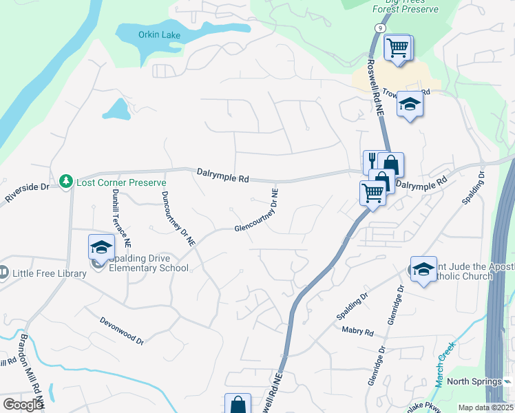 map of restaurants, bars, coffee shops, grocery stores, and more near 455 Grenock Circle Northeast in Atlanta