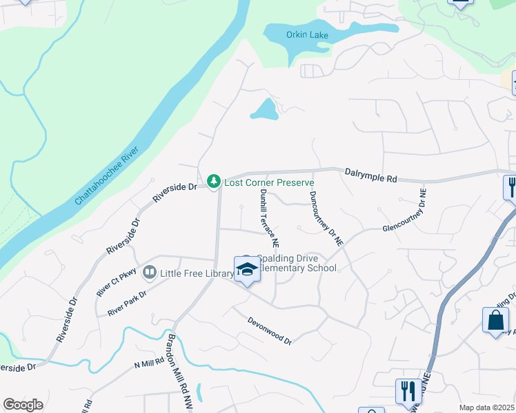 map of restaurants, bars, coffee shops, grocery stores, and more near 7260 Dunhill Terrace Northeast in Atlanta