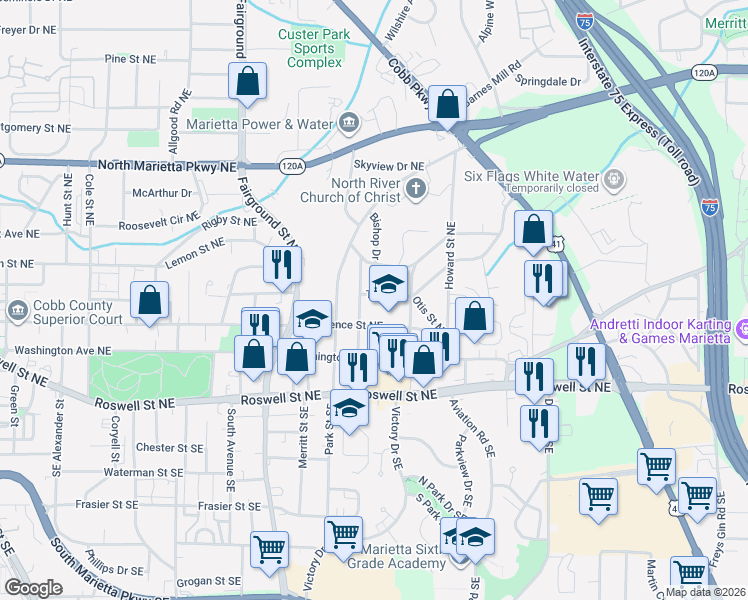 map of restaurants, bars, coffee shops, grocery stores, and more near 718 Trout Street in Marietta