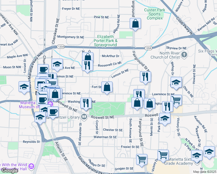map of restaurants, bars, coffee shops, grocery stores, and more near 423 East Fort Street Northeast in Marietta