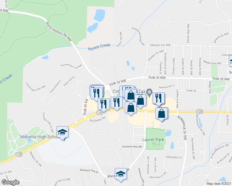 map of restaurants, bars, coffee shops, grocery stores, and more near 920 Burnt Hickory Road Northwest in Marietta