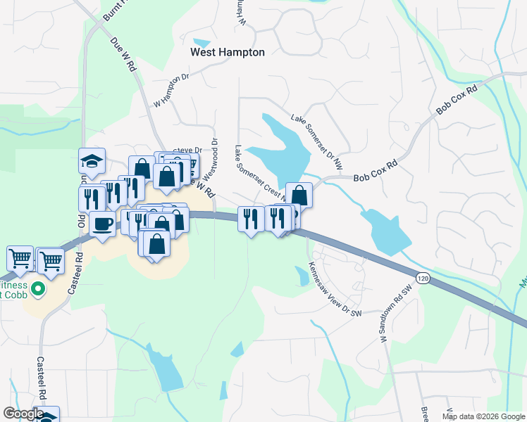 map of restaurants, bars, coffee shops, grocery stores, and more near 3415 Old Due West Road Northwest in Marietta