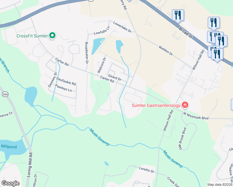 map of restaurants, bars, coffee shops, grocery stores, and more near 1265 Summit Drive in Sumter