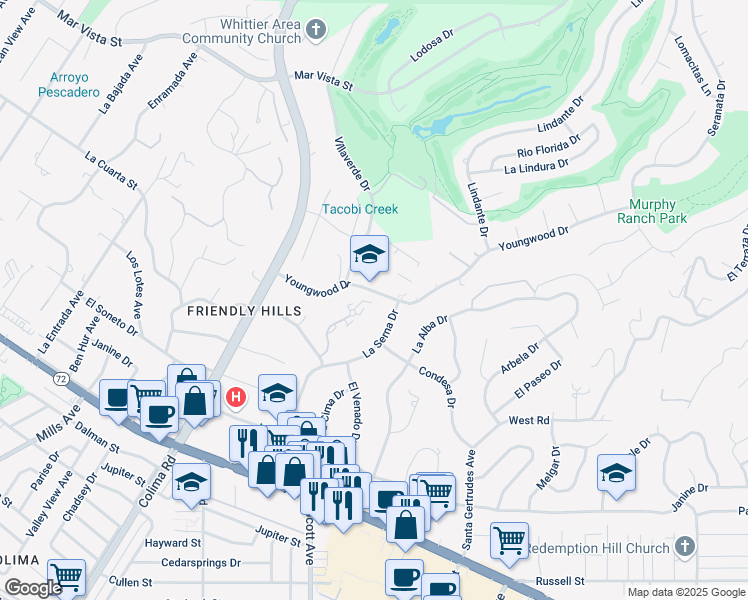 map of restaurants, bars, coffee shops, grocery stores, and more near 9411 Friendly Woods Lane in Whittier