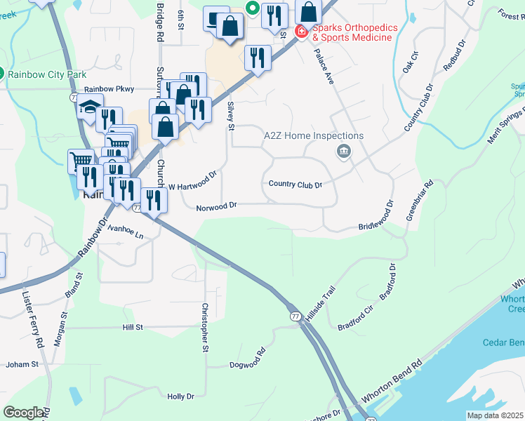map of restaurants, bars, coffee shops, grocery stores, and more near 401 Wildhaven Circle in Gadsden