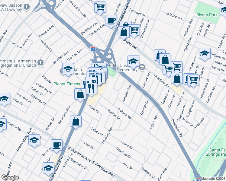map of restaurants, bars, coffee shops, grocery stores, and more near 9205 Clancey Avenue in Downey