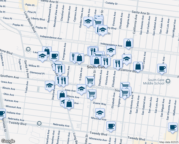 map of restaurants, bars, coffee shops, grocery stores, and more near 8928 Madison Ave in South Gate