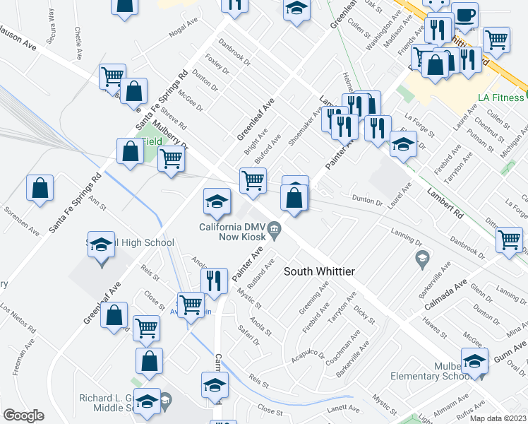 map of restaurants, bars, coffee shops, grocery stores, and more near 13238 Mulberry Drive in Whittier