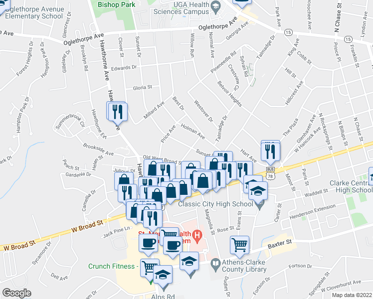 map of restaurants, bars, coffee shops, grocery stores, and more near 215 Sunset Drive in Athens