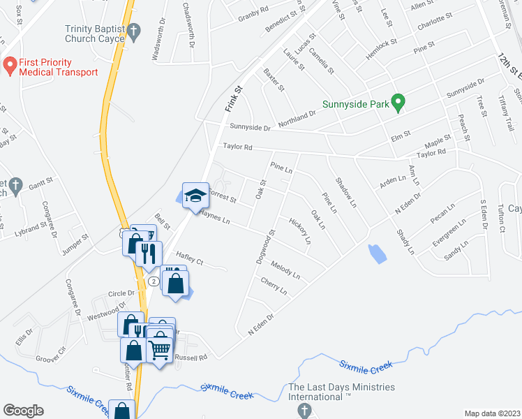 map of restaurants, bars, coffee shops, grocery stores, and more near 2306 Forrest Street in Cayce