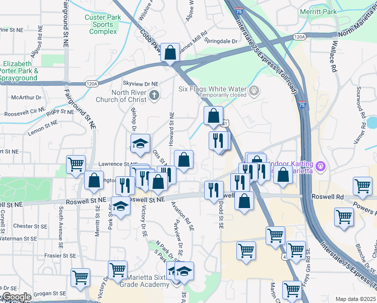 map of restaurants, bars, coffee shops, grocery stores, and more near 220 Fender Walk in Marietta