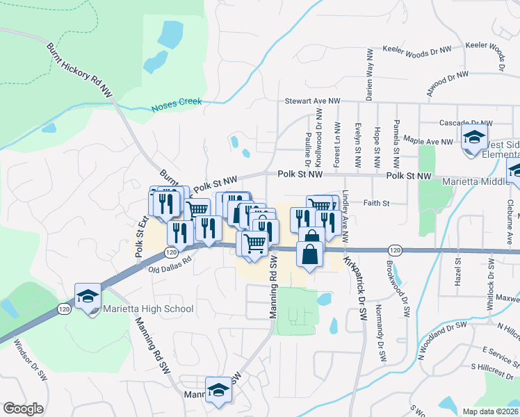map of restaurants, bars, coffee shops, grocery stores, and more near 751 Mountain View Terrace Northwest in Marietta