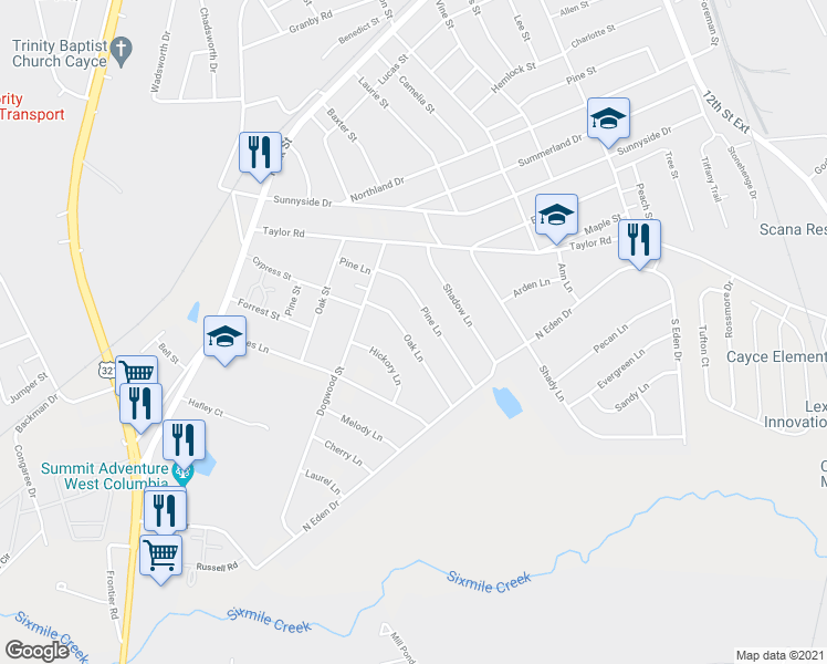 map of restaurants, bars, coffee shops, grocery stores, and more near 113 Oak Lane in Cayce