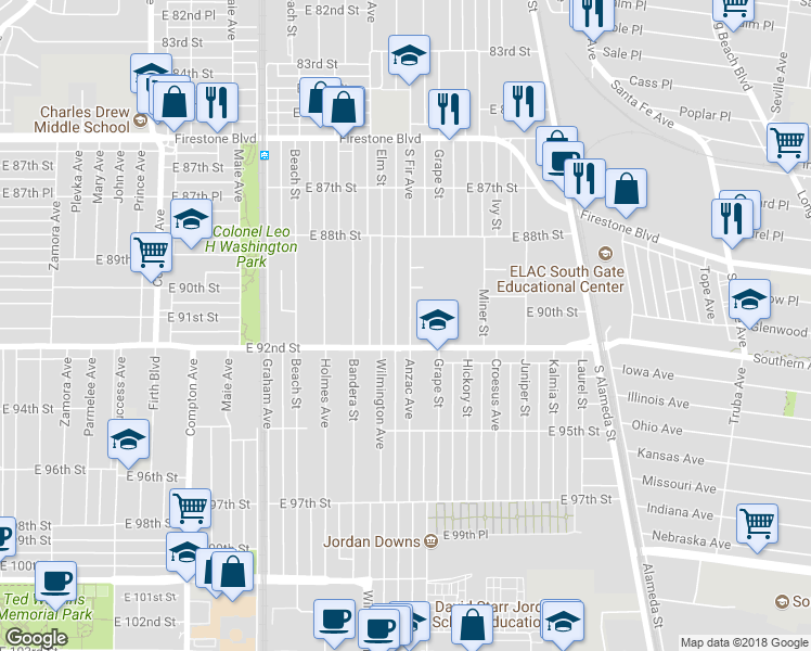 map of restaurants, bars, coffee shops, grocery stores, and more near 9103 South Fir Avenue in Los Angeles