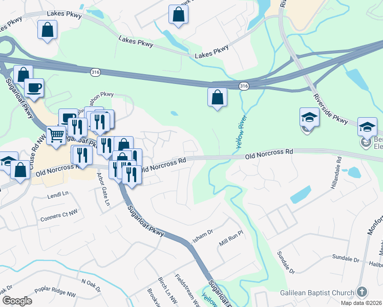 map of restaurants, bars, coffee shops, grocery stores, and more near 1533 Ballentine Drive in Lawrenceville