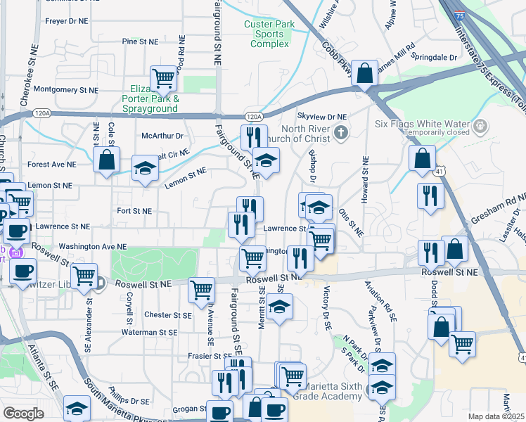 map of restaurants, bars, coffee shops, grocery stores, and more near 106 Fairground Street Northeast in Marietta