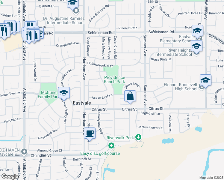 map of restaurants, bars, coffee shops, grocery stores, and more near 7377 Cobble Creek Drive in Corona