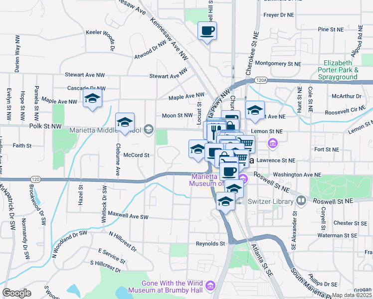 map of restaurants, bars, coffee shops, grocery stores, and more near 92 Hansell Street Northwest in Marietta