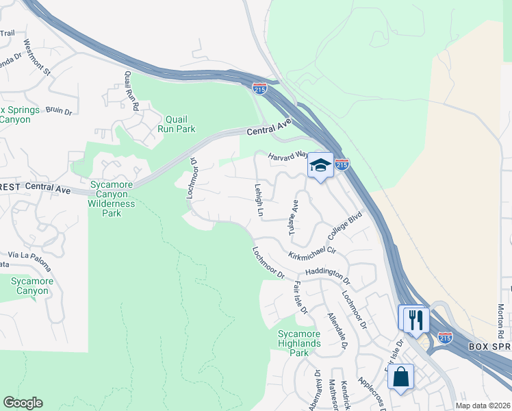 map of restaurants, bars, coffee shops, grocery stores, and more near 20112 West Point Drive in Riverside