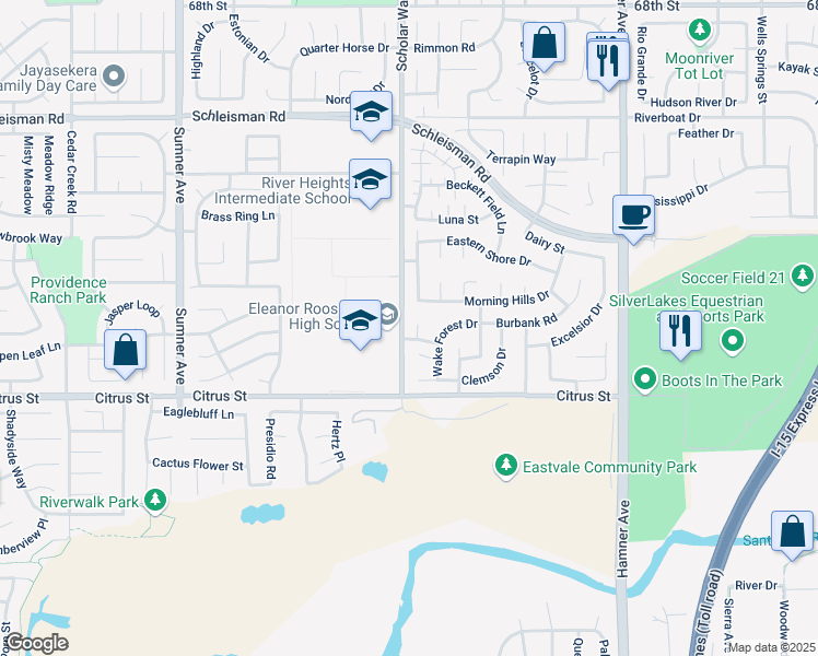 map of restaurants, bars, coffee shops, grocery stores, and more near 7385 Patti Ann Court in Corona