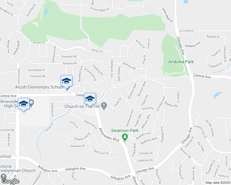 map of restaurants, bars, coffee shops, grocery stores, and more near 5413 Glenhaven Avenue in Riverside
