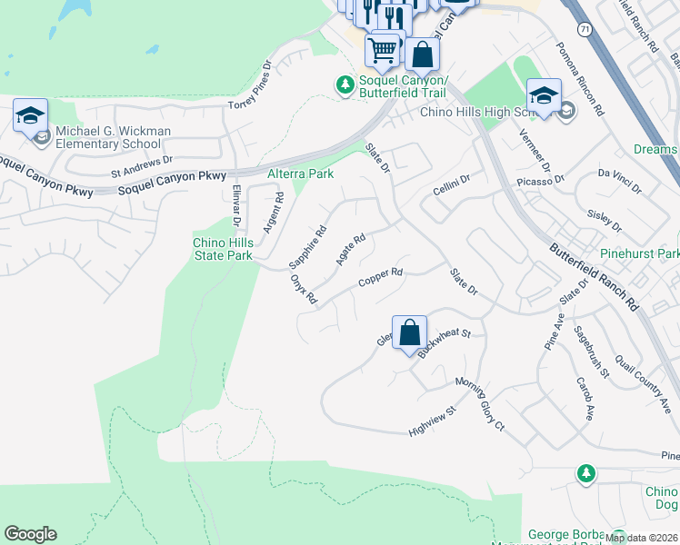 map of restaurants, bars, coffee shops, grocery stores, and more near 4953 Agate Road in Chino Hills