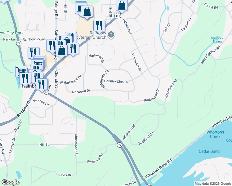 map of restaurants, bars, coffee shops, grocery stores, and more near 417 Wildhaven Circle in Gadsden