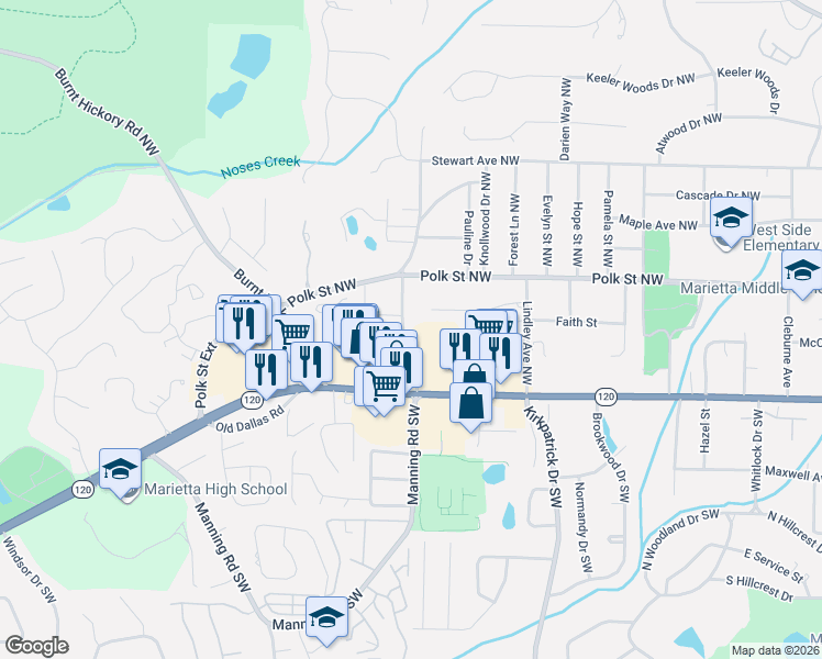 map of restaurants, bars, coffee shops, grocery stores, and more near 98 Mountain View Road Northwest in Marietta