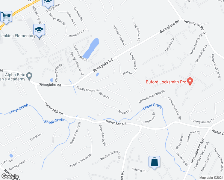 map of restaurants, bars, coffee shops, grocery stores, and more near 747 Shoal Circle in Lawrenceville