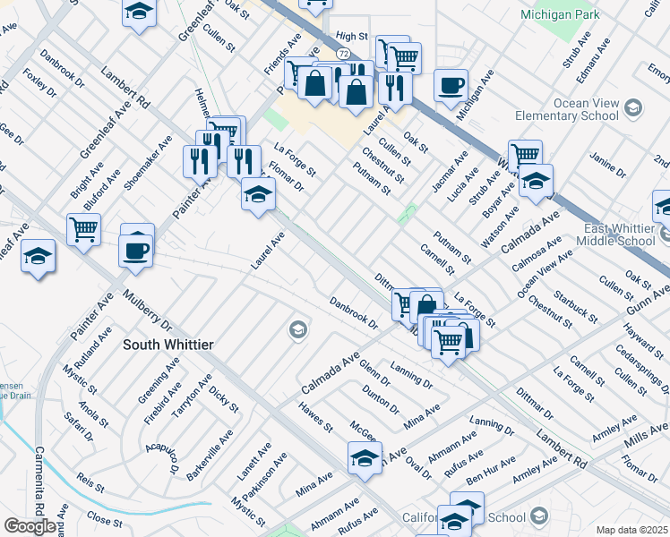 map of restaurants, bars, coffee shops, grocery stores, and more near 9002 Maryknoll Avenue in Whittier