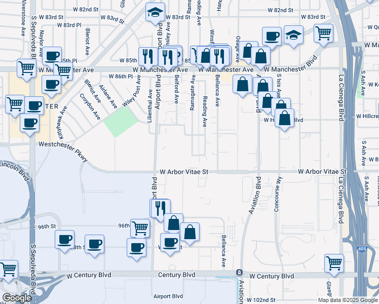 map of restaurants, bars, coffee shops, grocery stores, and more near 9037 Ramsgate Avenue in Los Angeles