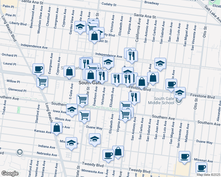 map of restaurants, bars, coffee shops, grocery stores, and more near 8915 Elizabeth Avenue in South Gate