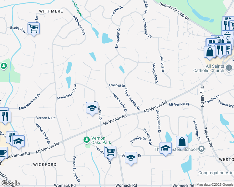 map of restaurants, bars, coffee shops, grocery stores, and more near 5264 Forest Springs Drive in Dunwoody