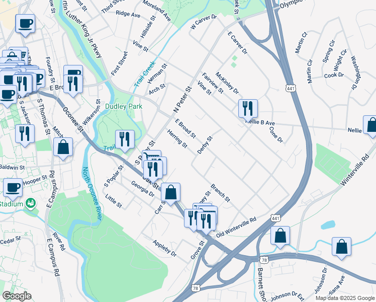 map of restaurants, bars, coffee shops, grocery stores, and more near 170 Herring Street in Athens