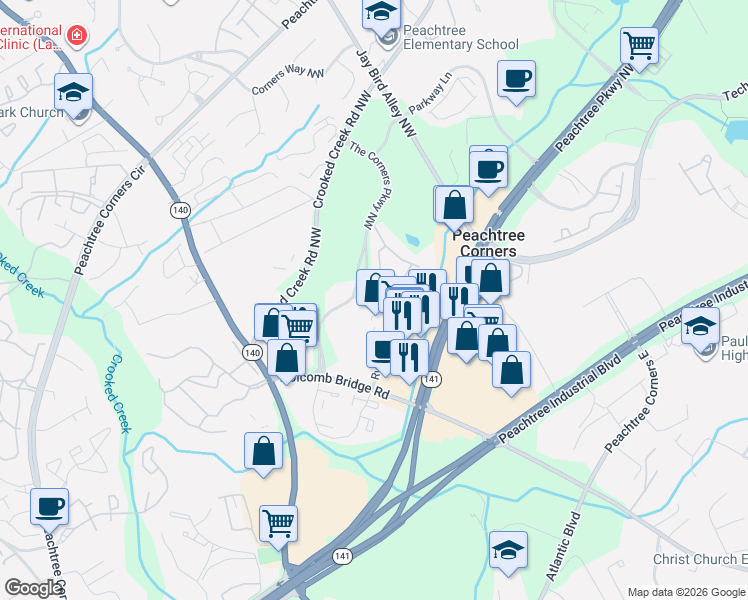 map of restaurants, bars, coffee shops, grocery stores, and more near 6068 Cameron Pointe in Peachtree Corners
