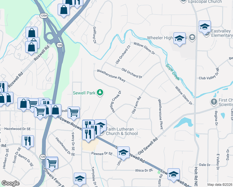 map of restaurants, bars, coffee shops, grocery stores, and more near 131 Hunting Creek Drive in Marietta